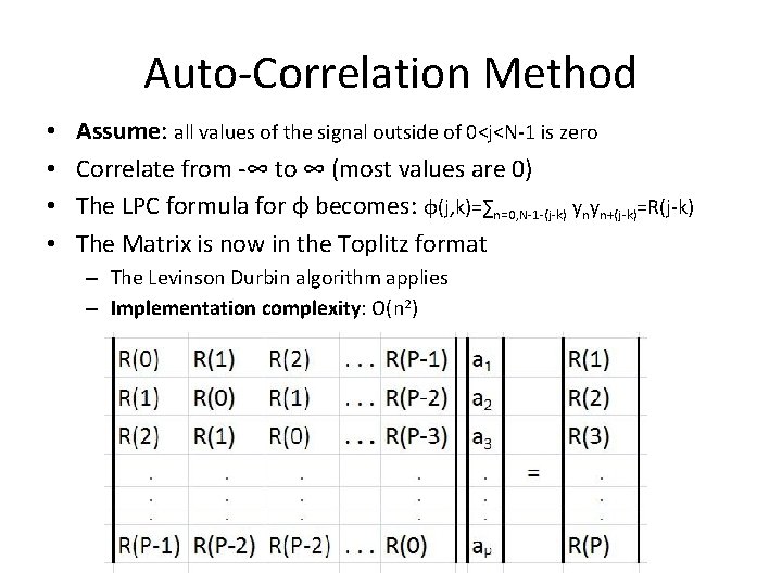 Auto-Correlation Method • • Assume: all values of the signal outside of 0<j<N-1 is