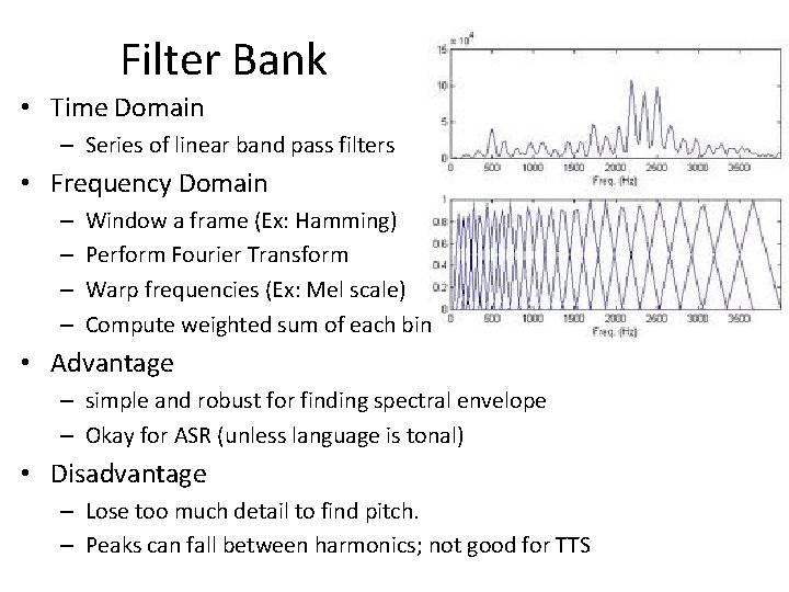 Filter Bank • Time Domain – Series of linear band pass filters • Frequency