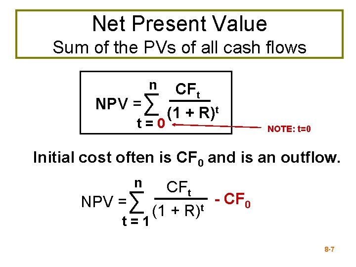 Net Present Value Sum of the PVs of all cash flows n NPV =