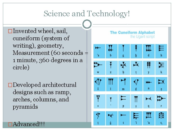 Science and Technology! �Invented wheel, sail, cuneiform (system of writing), geometry, Measurement (60 seconds