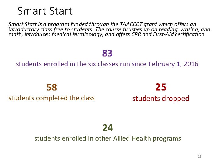 Smart Start is a program funded through the TAACCCT grant which offers an introductory