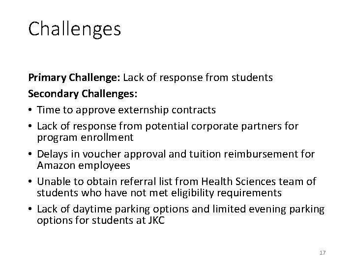 Challenges Primary Challenge: Lack of response from students Secondary Challenges: • Time to approve