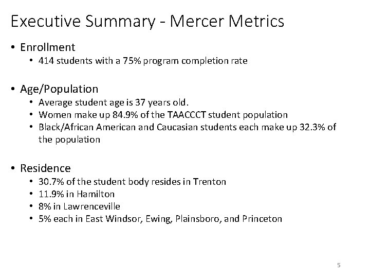 Executive Summary - Mercer Metrics • Enrollment • 414 students with a 75% program