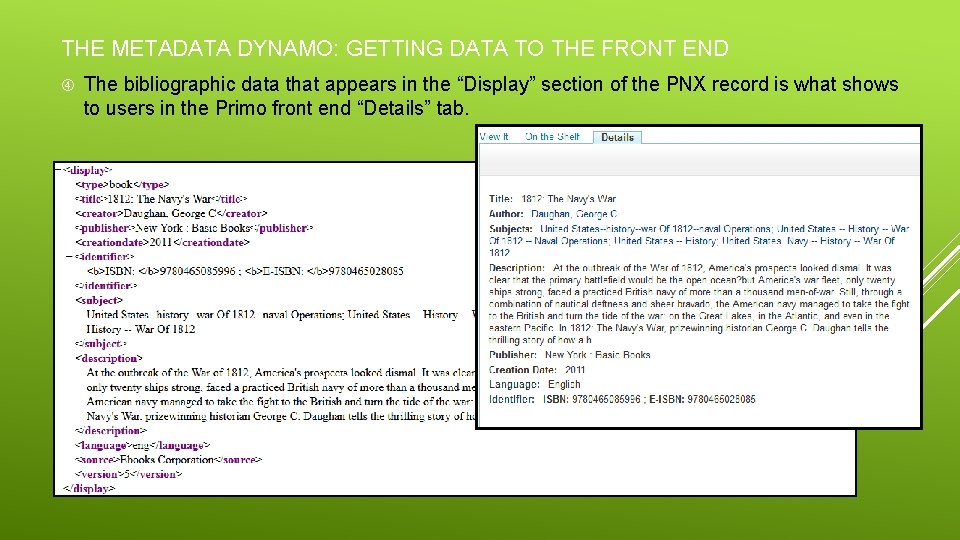 THE METADATA DYNAMO: GETTING DATA TO THE FRONT END The bibliographic data that appears