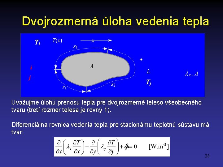 Dvojrozmerná úloha vedenia tepla Uvažujme úlohu prenosu tepla pre dvojrozmerné teleso všeobecného tvaru (tretí