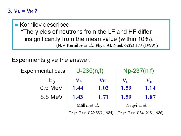 3. νL = νH ? ● Kornilov described: “The yields of neutrons from the