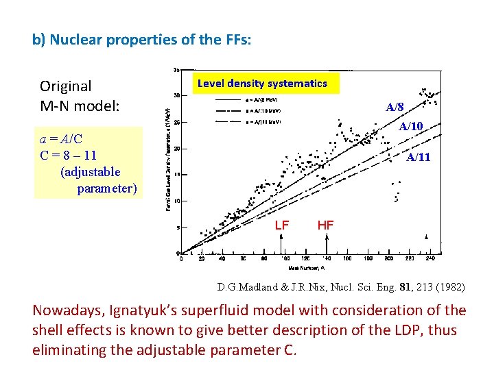 b) Nuclear properties of the FFs: Original M-N model: Level density systematics A/8 A/10
