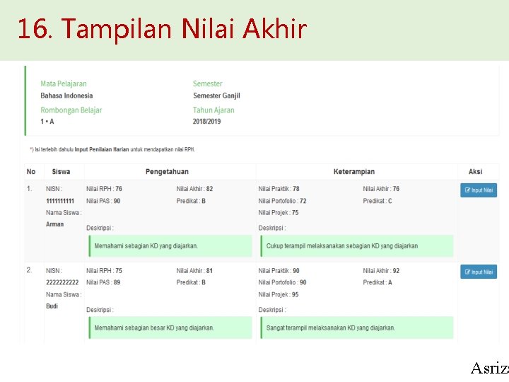 16. Tampilan Nilai Akhir Asriza 