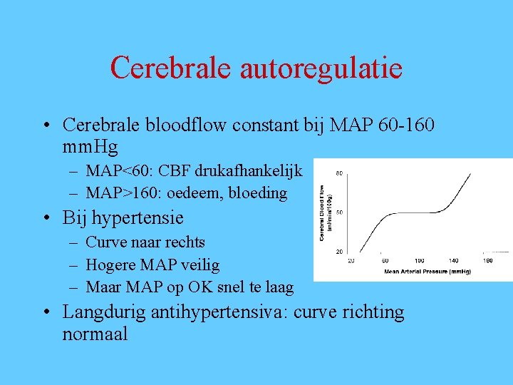 Cerebrale autoregulatie • Cerebrale bloodflow constant bij MAP 60 -160 mm. Hg – MAP<60: