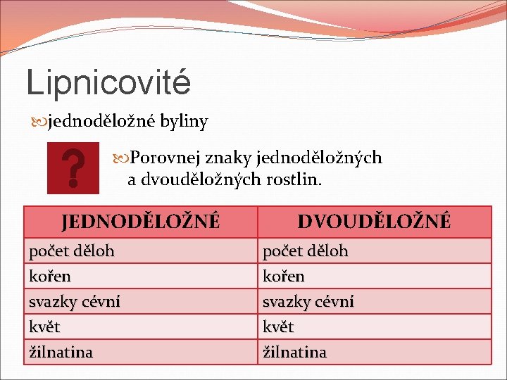 Lipnicovité jednoděložné byliny Porovnej znaky jednoděložných a dvouděložných rostlin. JEDNODĚLOŽNÉ počet děloh kořen svazky