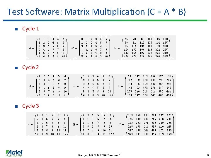 Test Software: Matrix Multiplication (C = A * B) Cycle 1 Cycle 2 Cycle