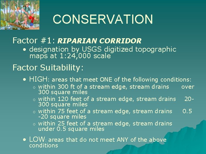 CONSERVATION Factor #1: RIPARIAN CORRIDOR • designation by USGS digitized topographic maps at 1: