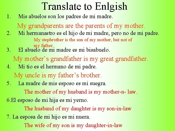 Translate to Enlgish 1. Mis abuelos son los padres de mi madre. My grandparents