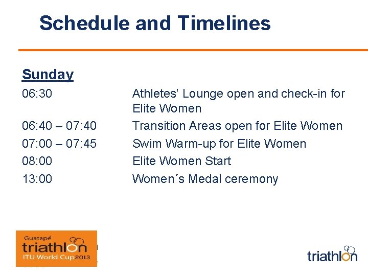 Schedule and Timelines Sunday 06: 30 06: 40 – 07: 40 07: 00 –