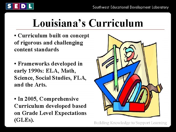 Louisiana’s Curriculum • Curriculum built on concept of rigorous and challenging content standards •