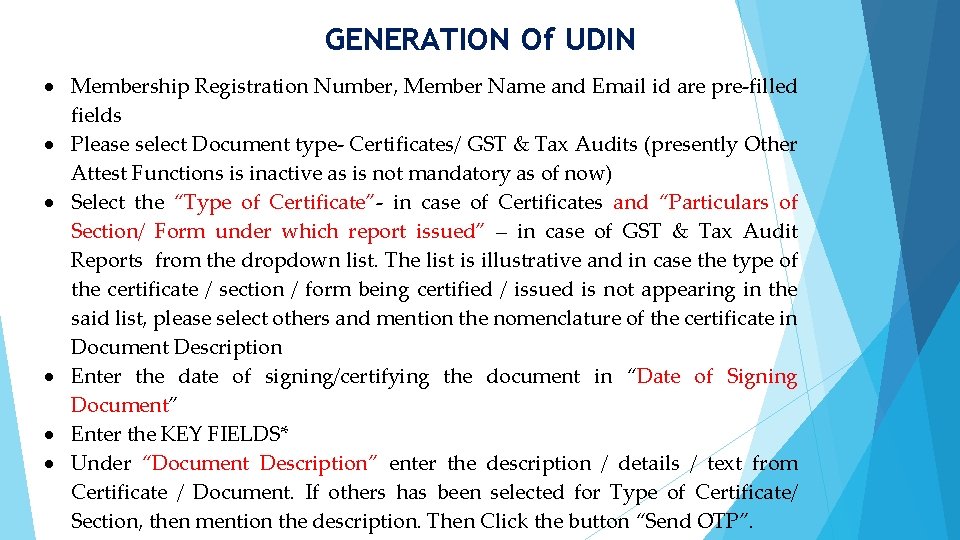 GENERATION Of UDIN Membership Registration Number, Member Name and Email id are pre-filled fields
