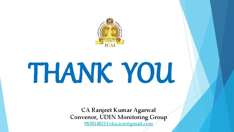 THANK YOU CA Ranjeet Kumar Agarwal Convenor, UDIN Monitoring Group 9830140211/rka. icai@gmail. com 