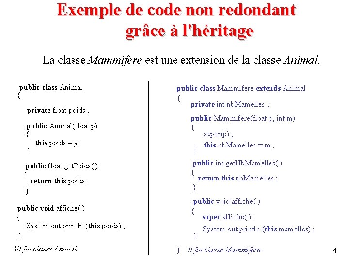 Exemple de code non redondant grâce à l'héritage La classe Mammifere est une extension