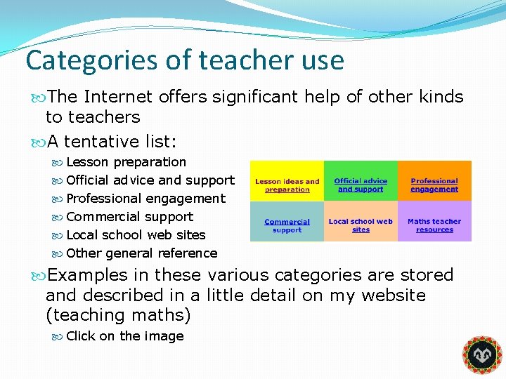 Categories of teacher use The Internet offers significant help of other kinds to teachers