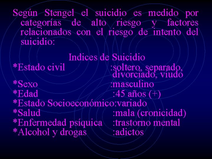Según Stengel el suicidio es medido por categorías de alto riesgo y factores relacionados