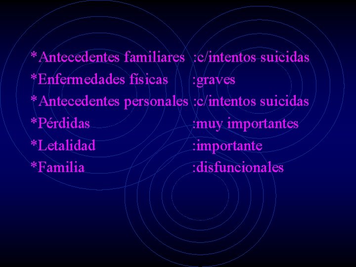 *Antecedentes familiares : c/intentos suicidas *Enfermedades físicas : graves *Antecedentes personales : c/intentos suicidas