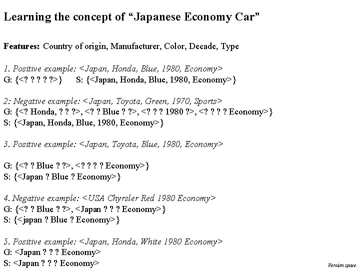 Learning the concept of “Japanese Economy Car” Features: Country of origin, Manufacturer, Color, Decade,