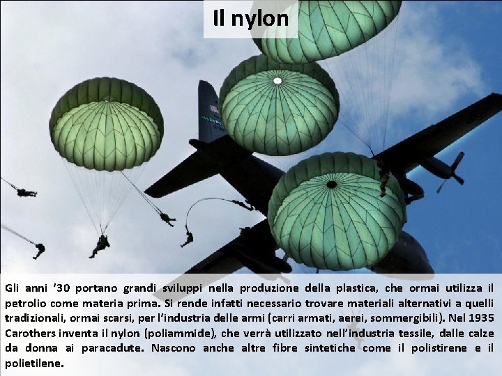 Il nylon Gli anni ’ 30 portano grandi sviluppi nella produzione della plastica, che