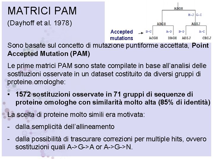 MATRICI PAM (Dayhoff et al. 1978) Accepted mutations Sono basate sul concetto di mutazione