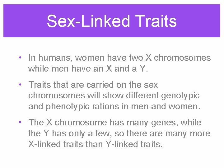 Sex-Linked Traits • In humans, women have two X chromosomes while men have an