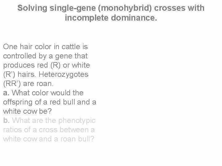 Solving single-gene (monohybrid) crosses with incomplete dominance. One hair color in cattle is controlled