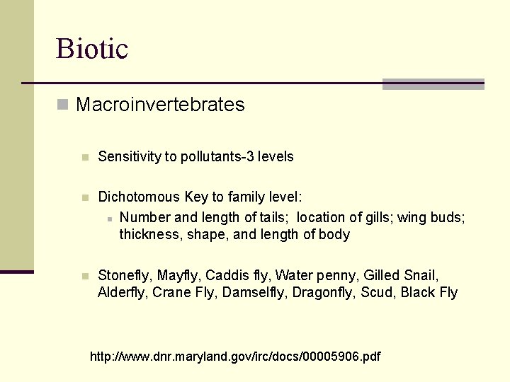 Biotic n Macroinvertebrates n Sensitivity to pollutants-3 levels n Dichotomous Key to family level: