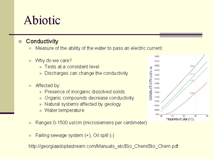 Abiotic n Conductivity n Measure of the ability of the water to pass an