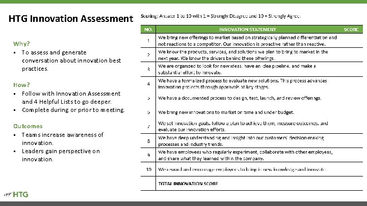 HTG Innovation Assessment Why? § To assess and generate conversation about innovation best practices.