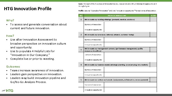 HTG Innovation Profile Why? § To assess and generate conversation about current and future
