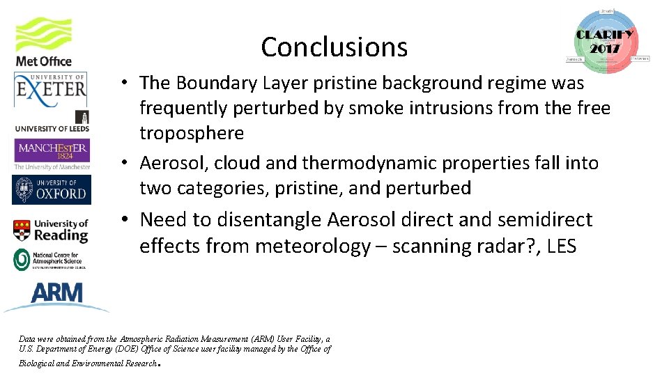 Conclusions • The Boundary Layer pristine background regime was frequently perturbed by smoke intrusions