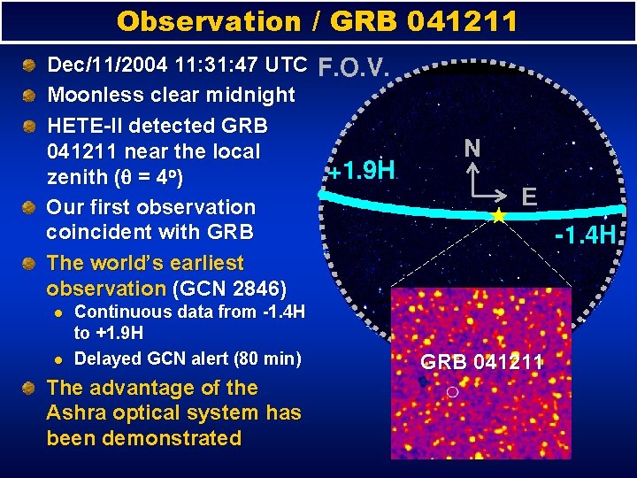 Observation / GRB 041211 Dec/11/2004 11: 31: 47 UTC Moonless clear midnight HETE-II detected