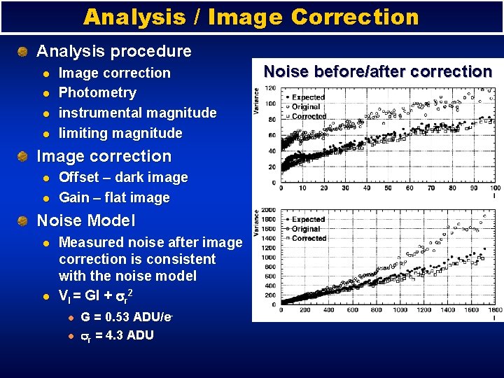Analysis / Image Correction Analysis procedure l l Image correction Photometry instrumental magnitude limiting