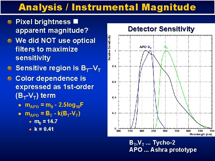 Analysis / Instrumental Magnitude Pixel brightness n apparent magnitude? We did NOT use optical