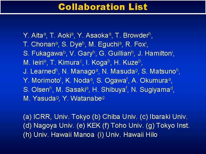 Collaboration List Y. Aitaa, T. Aokia, Y. Asaokaa, T. Browderh, T. Chonana, S. Dyeh,