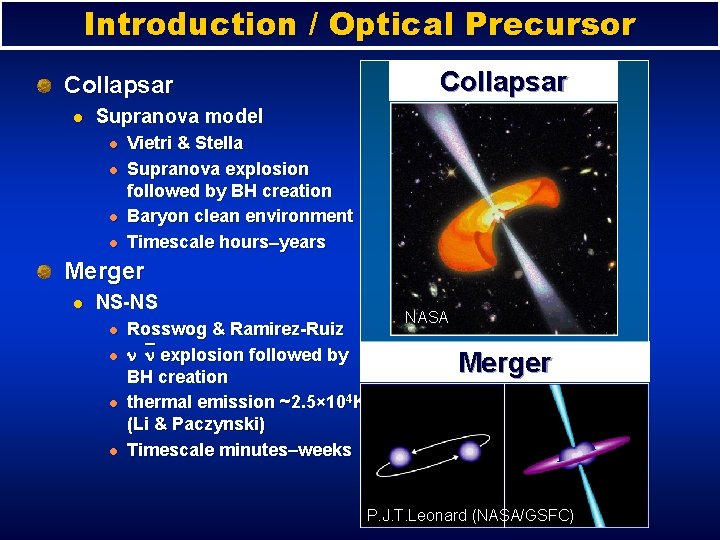 Introduction / Optical Precursor Collapsar l Collapsar Supranova model l l Vietri & Stella