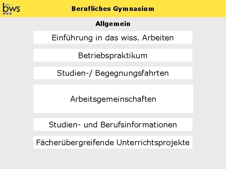 Berufliches Gymnasium Allgemein Einführung in das wiss. Arbeiten Betriebspraktikum Studien-/ Begegnungsfahrten Arbeitsgemeinschaften Studien- und