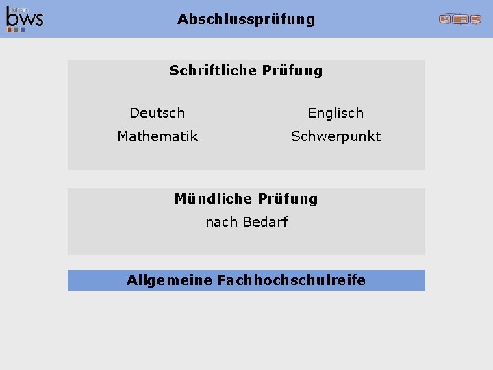 Abschlussprüfung Schriftliche Prüfung Deutsch Englisch Mathematik Schwerpunkt Mündliche Prüfung nach Bedarf Allgemeine Fachhochschulreife 