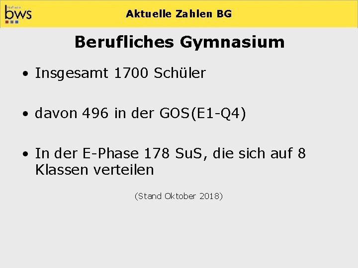 Aktuelle Zahlen BG Berufliches Gymnasium • Insgesamt 1700 Schüler • davon 496 in der