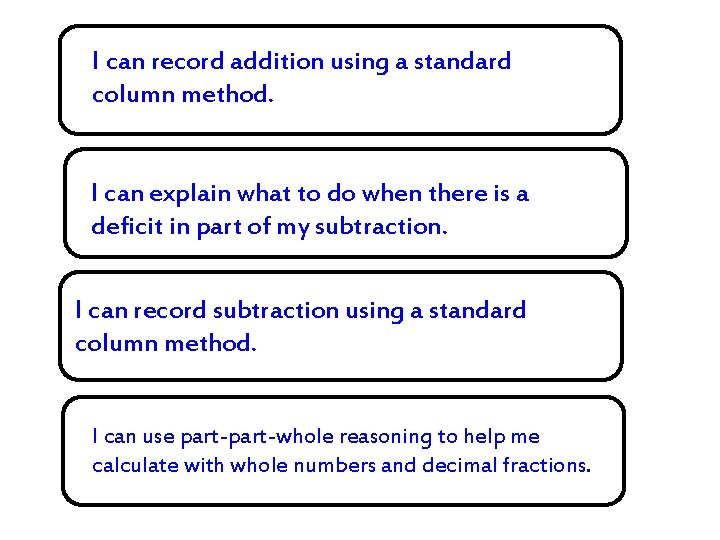 I can record addition using a standard column method. I can explain what to