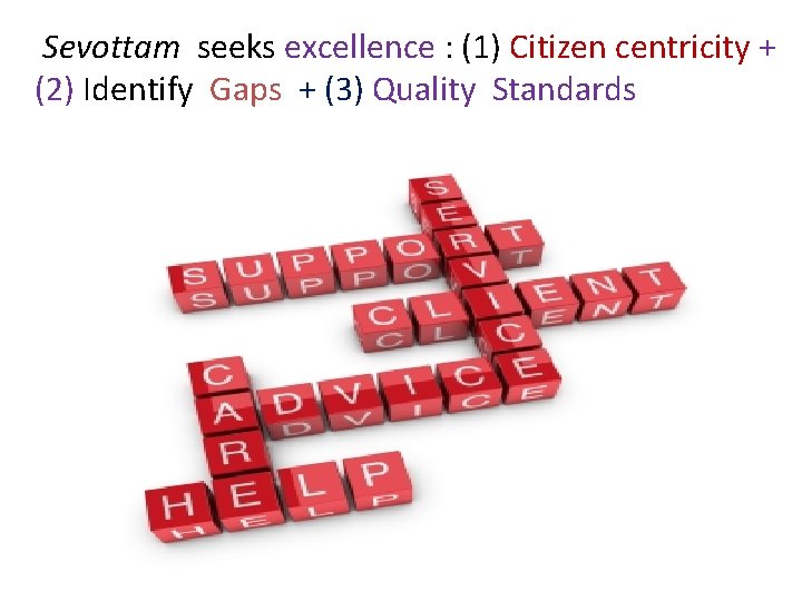 Sevottam seeks excellence : (1) Citizen centricity + (2) Identify Gaps + (3) Quality