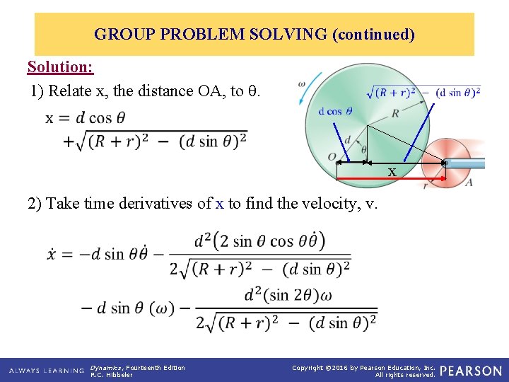 GROUP PROBLEM SOLVING (continued) Solution: 1) Relate x, the distance OA, to . x