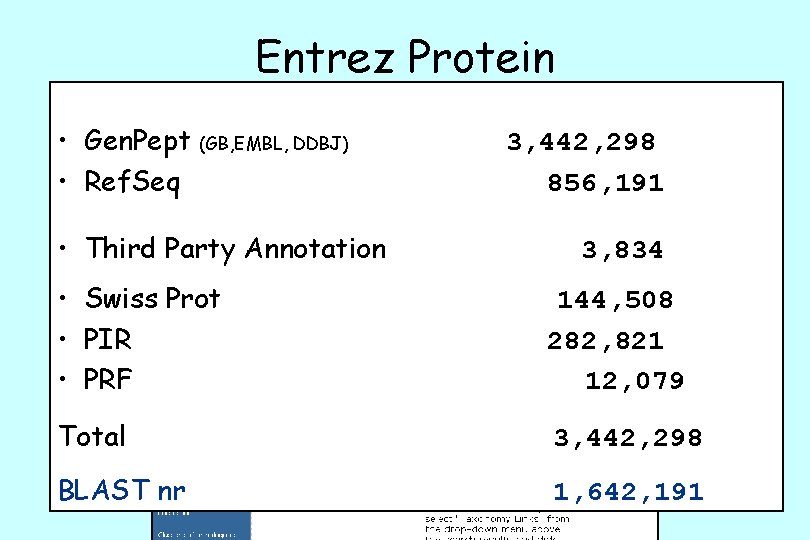 Entrez Protein • Gen. Pept (GB, EMBL, DDBJ) • Ref. Seq • Third Party