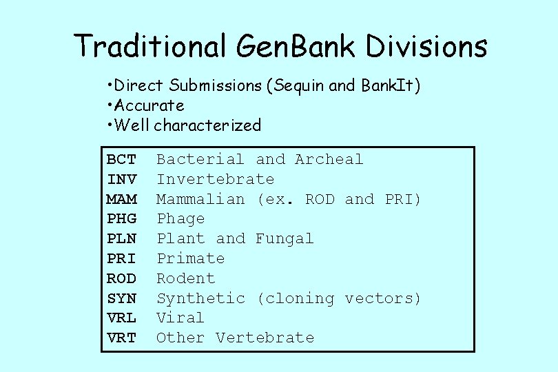 Traditional Gen. Bank Divisions • Direct Submissions (Sequin and Bank. It) • Accurate •
