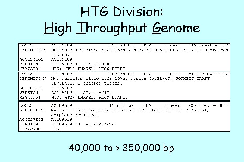 HTG Division: High Throughput Genome 40, 000 to > 350, 000 bp 