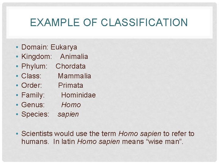 EXAMPLE OF CLASSIFICATION • • Domain: Eukarya Kingdom: Animalia Phylum: Chordata Class: Mammalia Order: